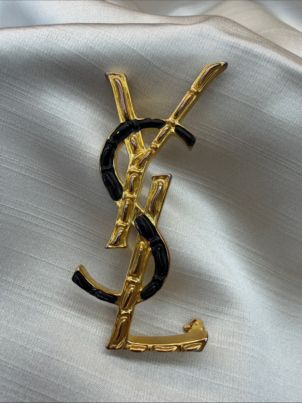 BIG Yves Saint Laurent Gold and Black YSL Logo Brooch